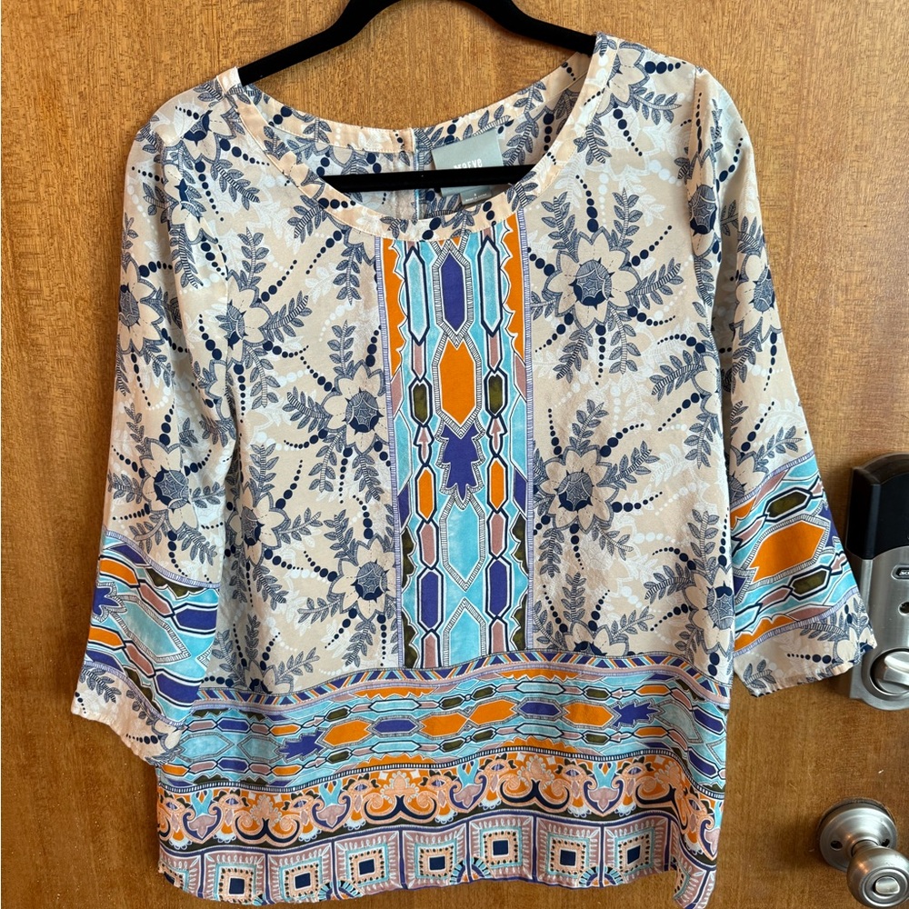 Maeve Blue and Orange Floral Boho Blouse from Anthropologie
